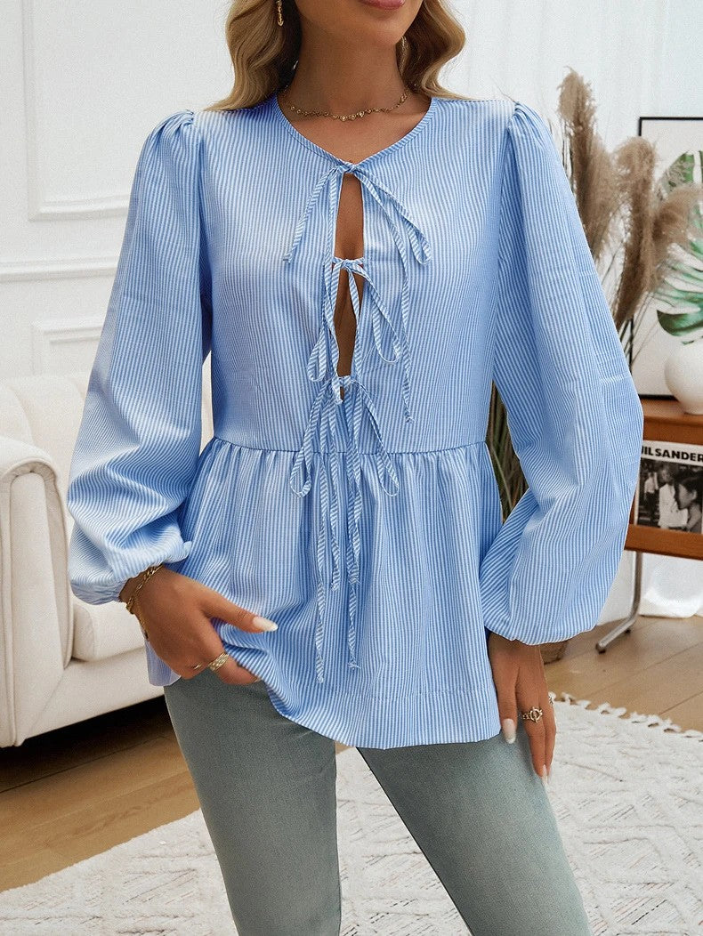 Sky Blue Striped Bow Tie Front Peplum Shirt