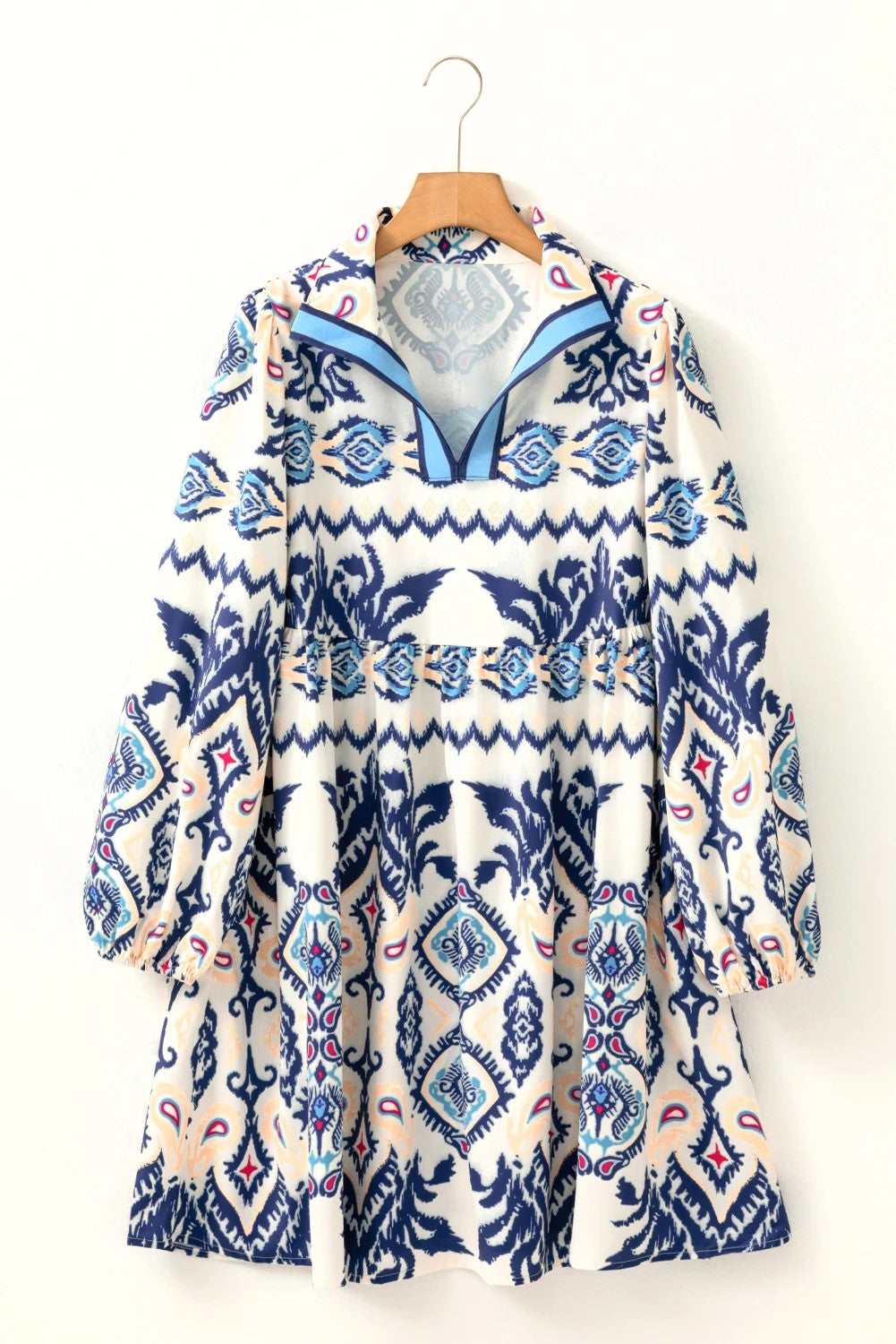 Blue Ethnic Print Pop of Color Neckline Long Sleeve Dress