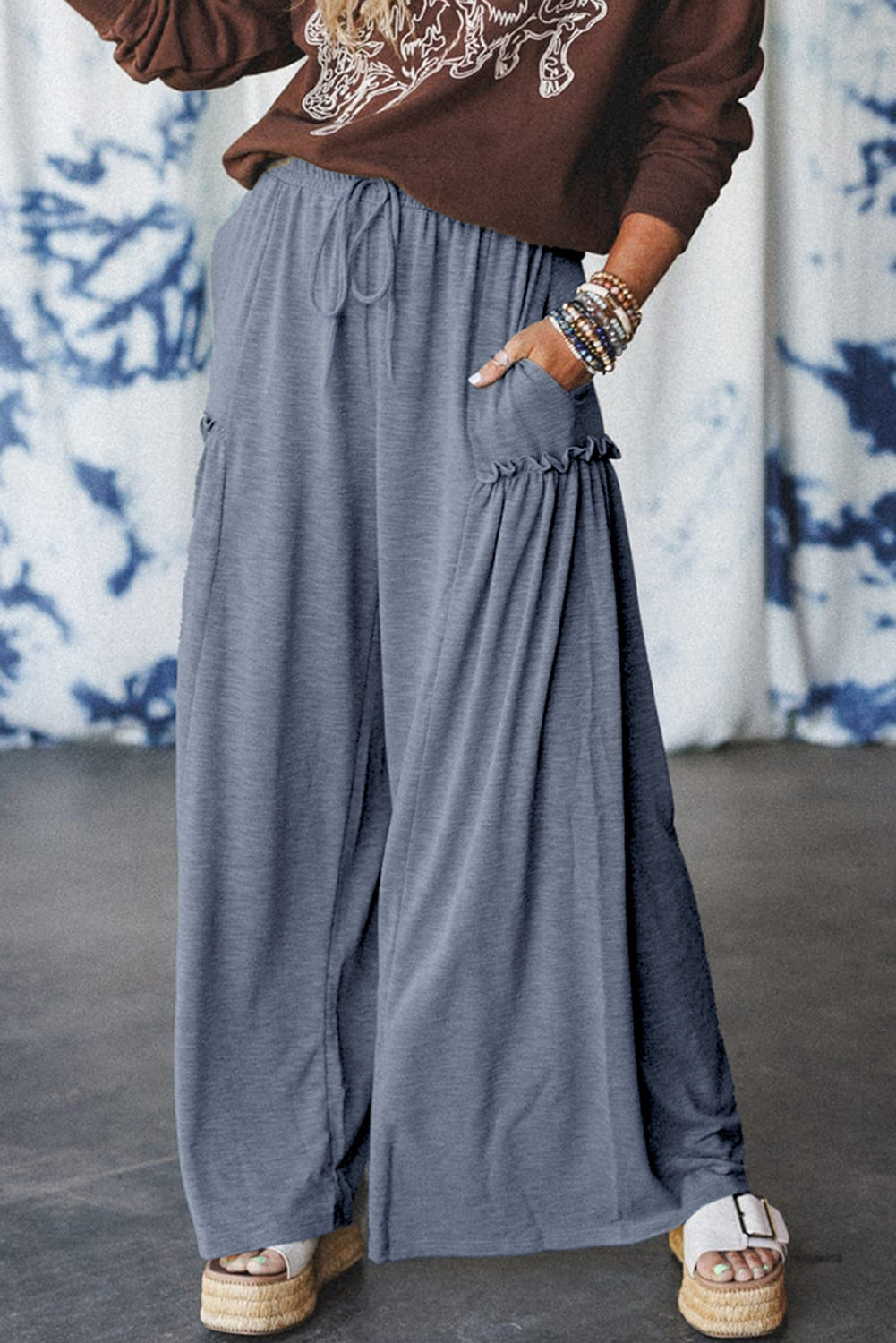High Frilled Detail Wide Leg High Waist Knit Pants