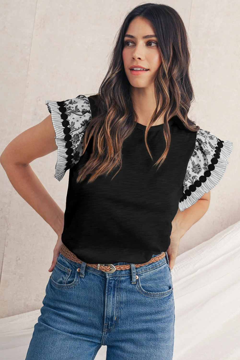 Black Floral Striped Patchwork Flutter Sleeve Blouse