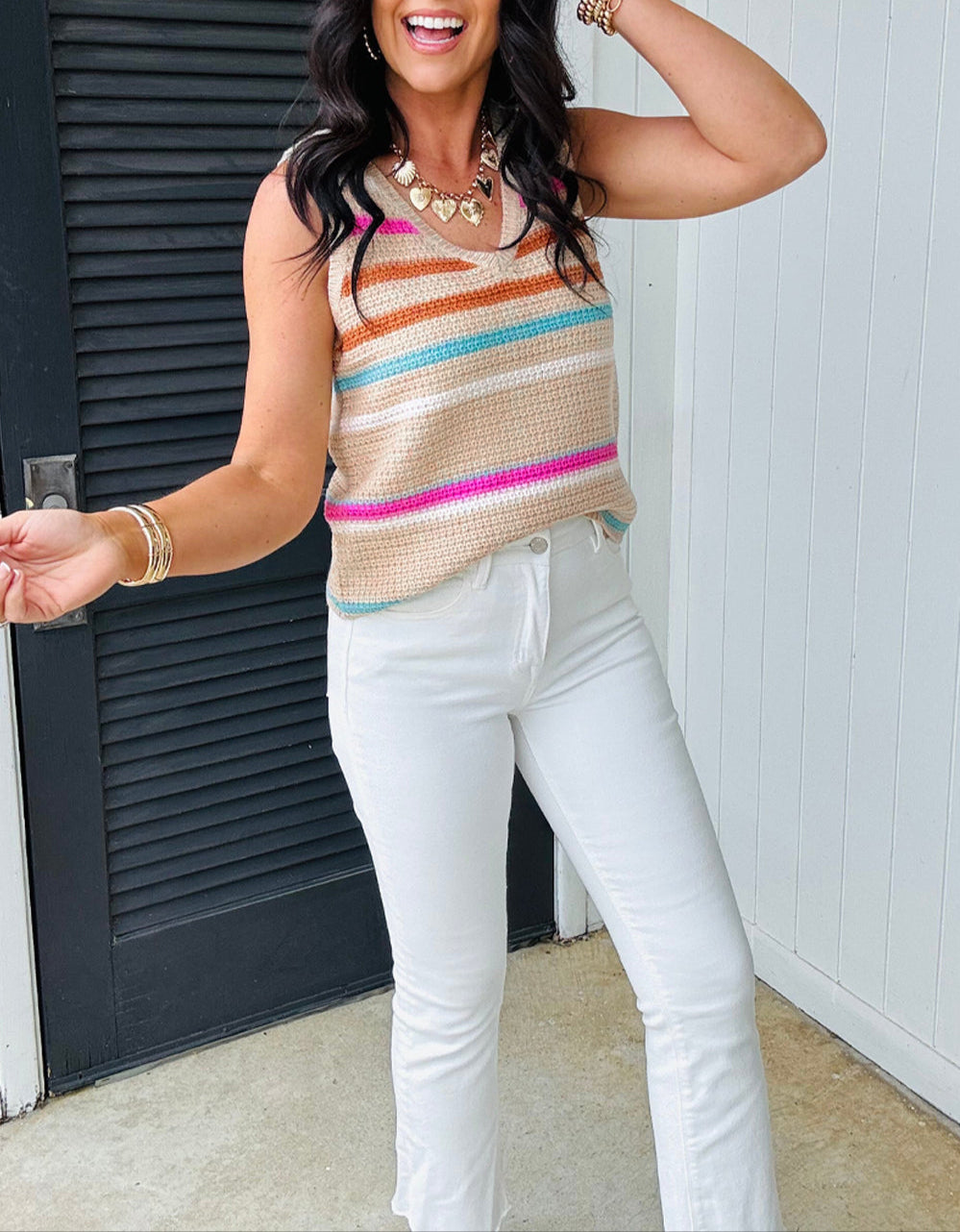 Khaki Stripe Textured Knit V Neck Sweater Vest