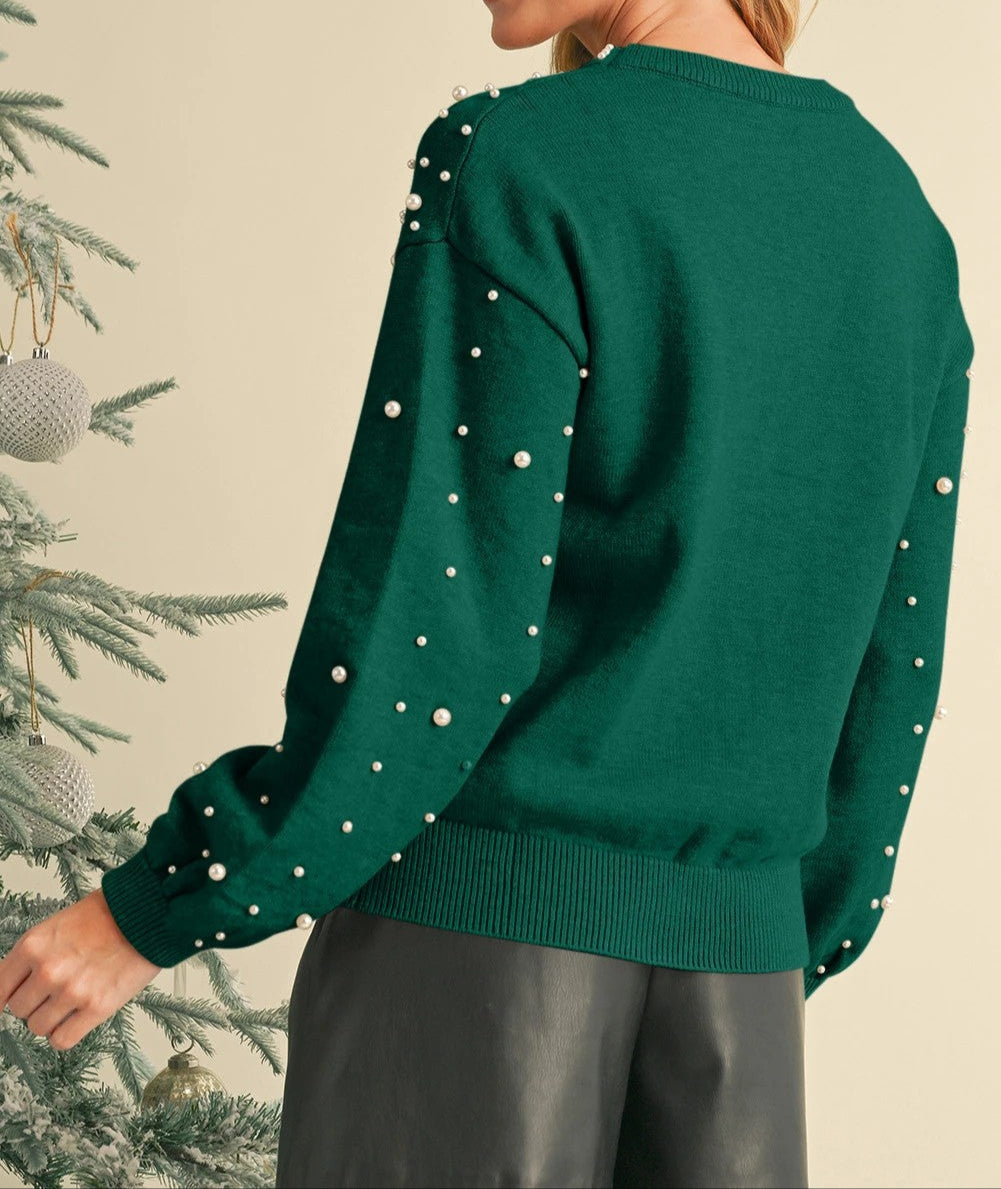 Evergreen Pearl Drop Shoulder Round Neck Sweater