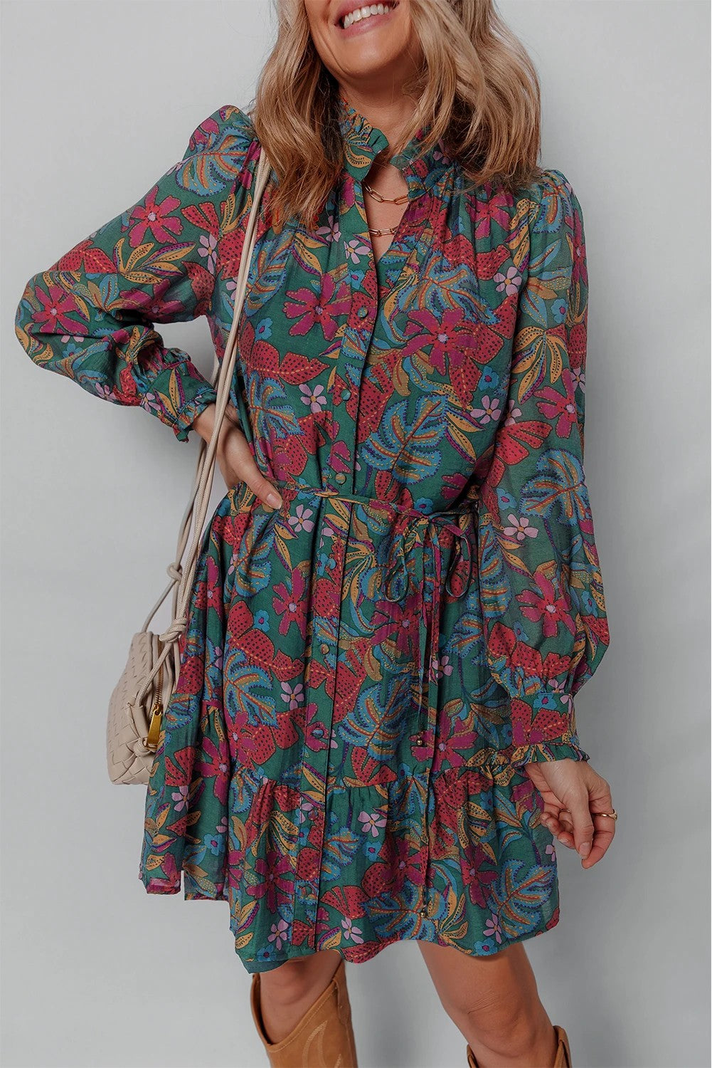 Green Floral Friled V Neck Puff Sleeve Ruffled Shirt Dress