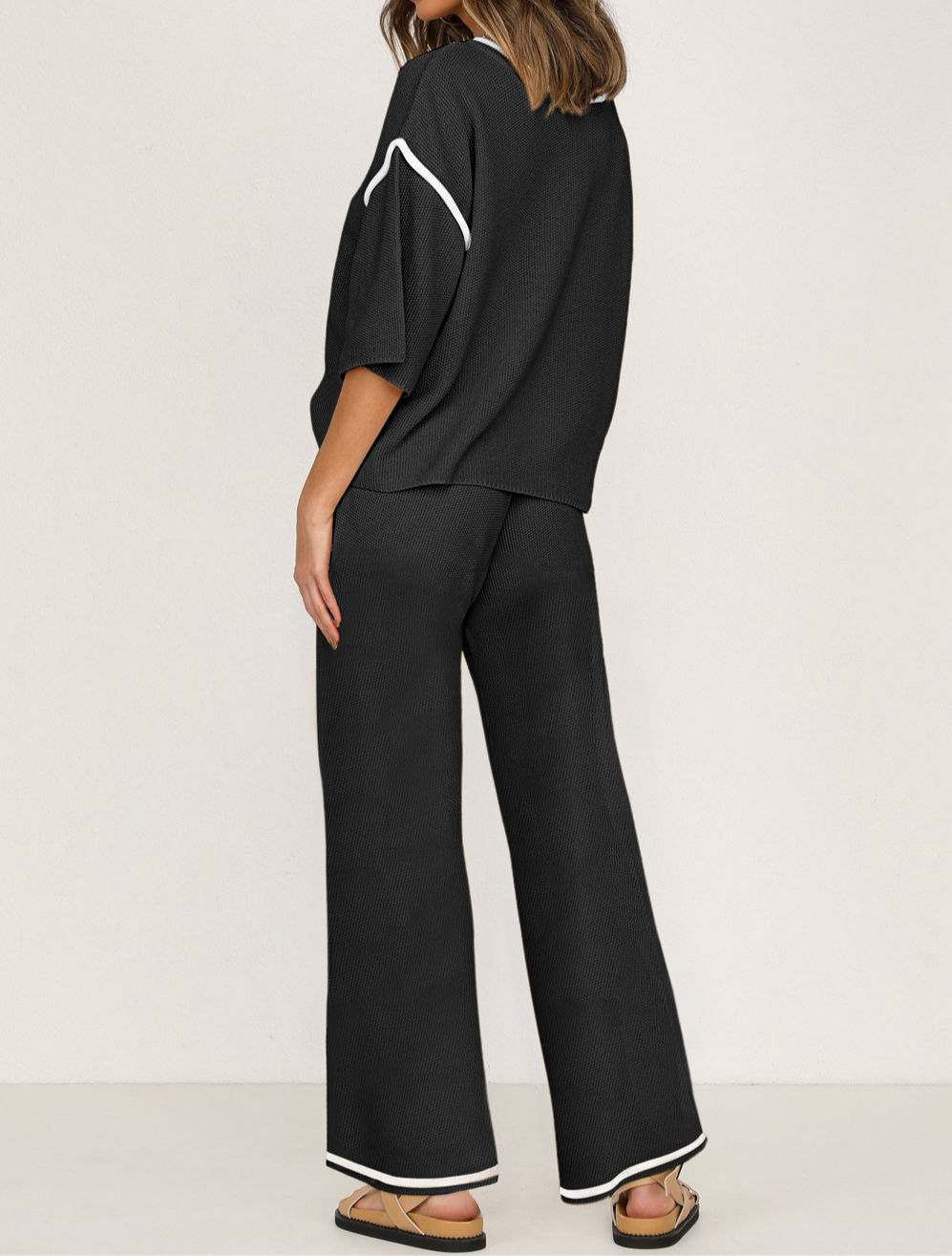 Black Contrast Trim Half Sleeve Top Drawstring Pants Loose 2pcs Sweater Suit