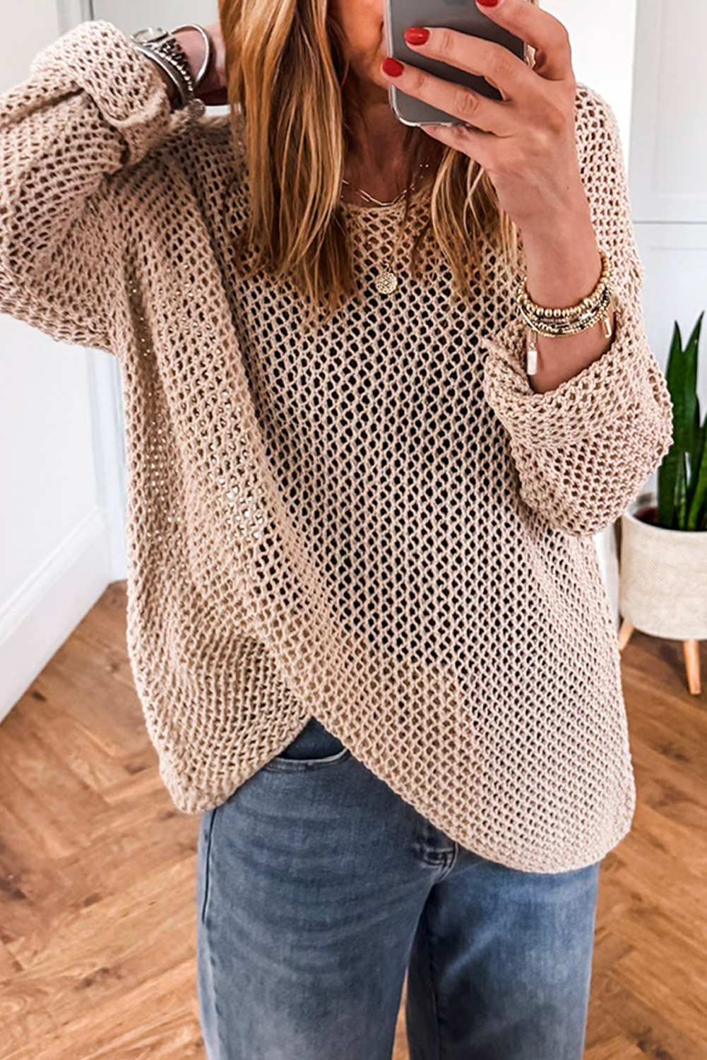 Smoke Gray Crochet Hollow-out Jumper Top Sweater