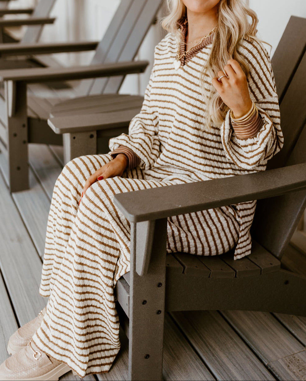 Khaki Stripe Collared Pullover Top and Drawstring Pant Set