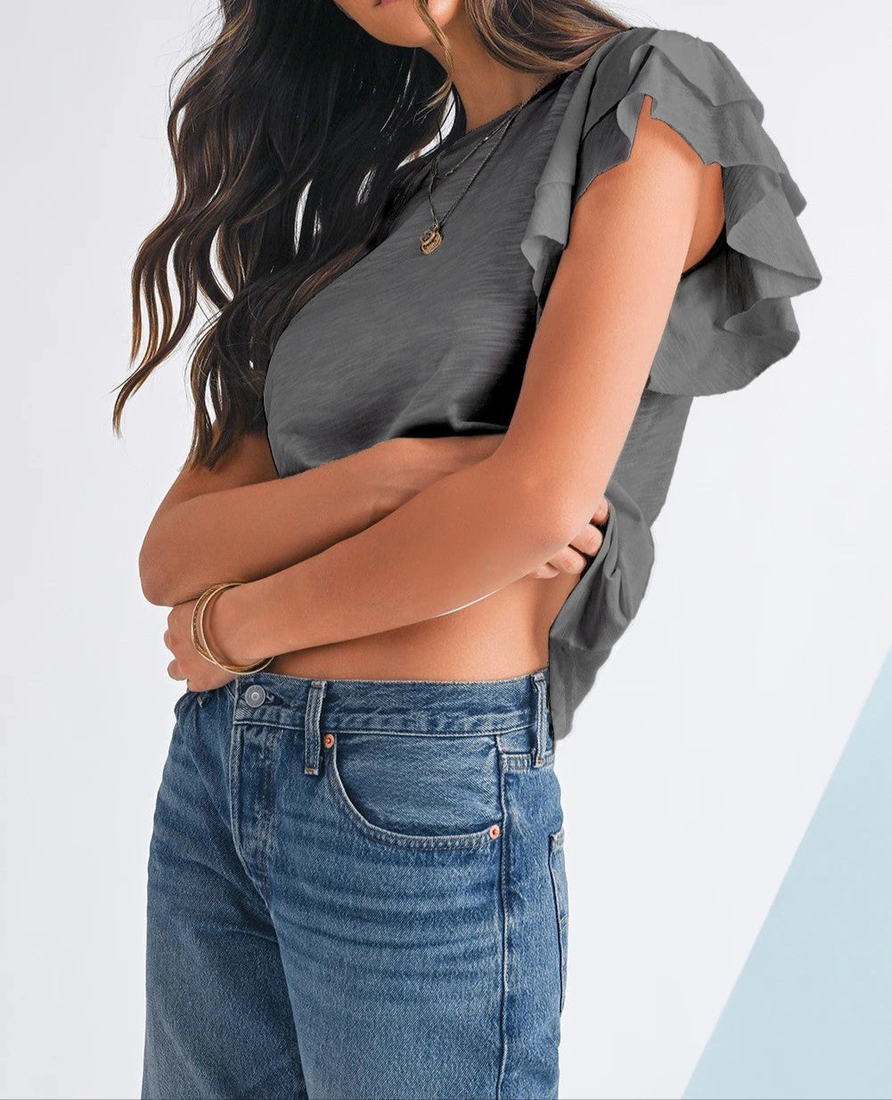 Dark Grey Ruffle Sleeve Plain Blouse