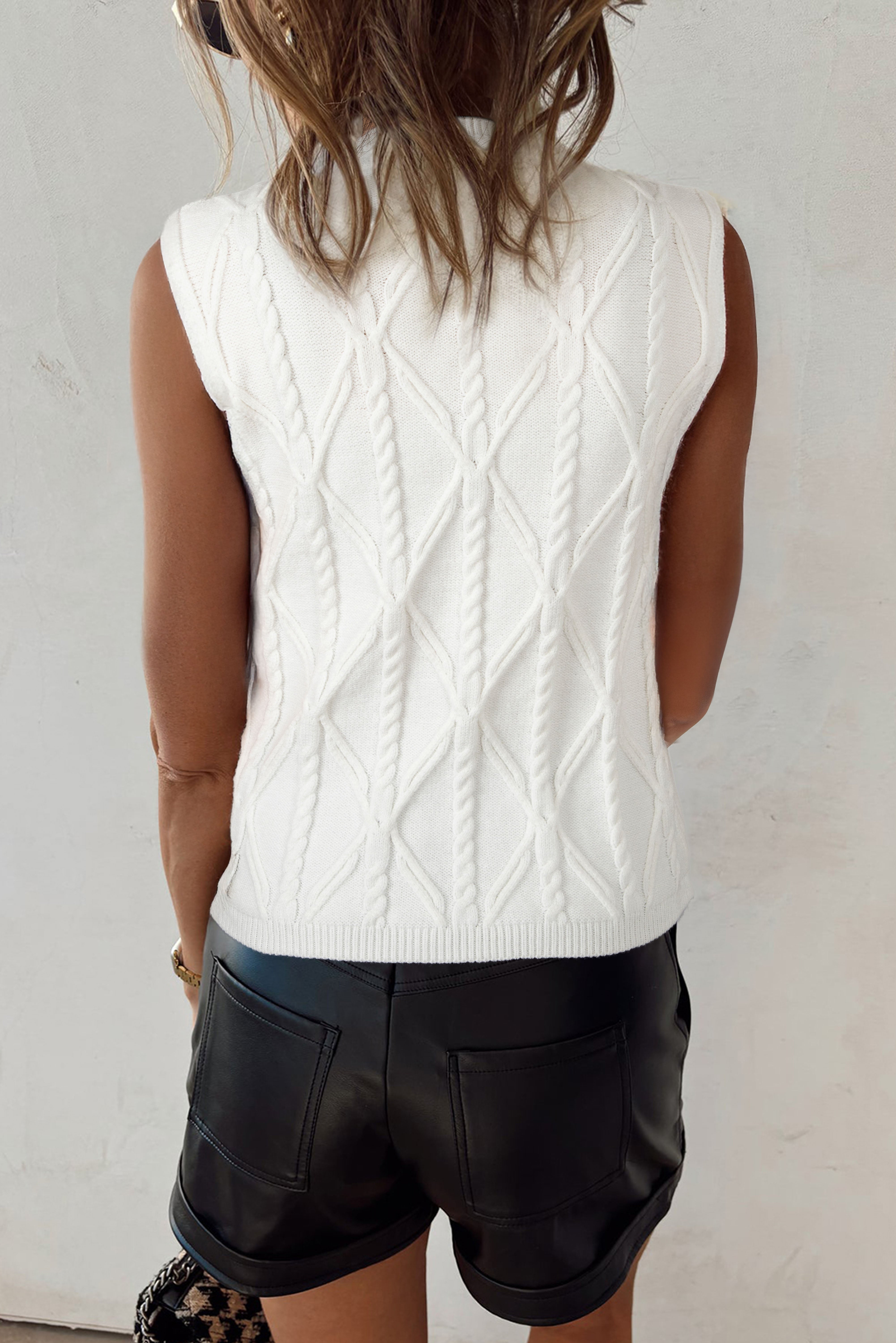 White Pearled High Neck Textured Knit Sweater Vest