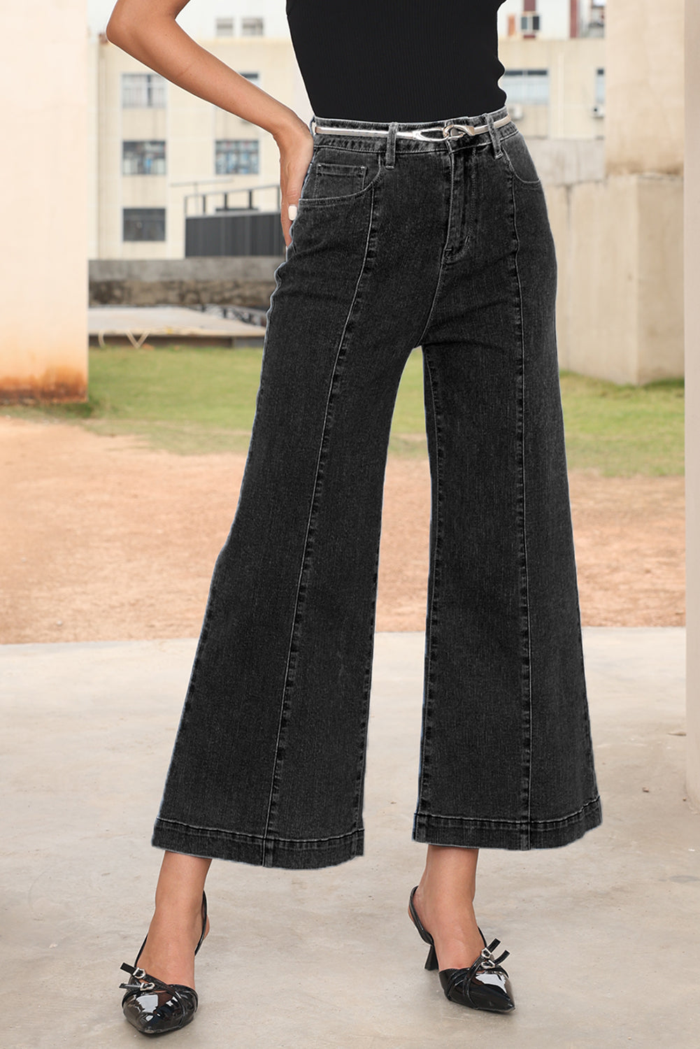 Black Plain Seam Detail Flared Bottom Ankle Length Jeans