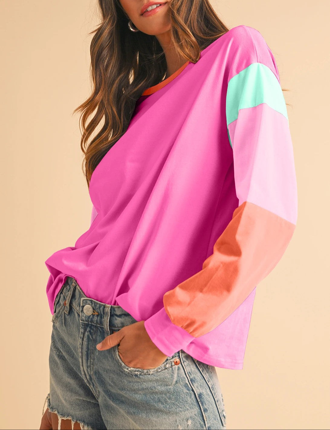 Rose Red Color Block Sleeve Loose Fit Top