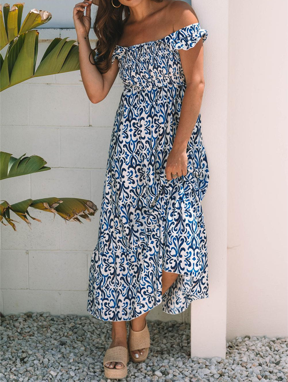 Sky Blue Boho Print Smocked High Waist Maxi Dress