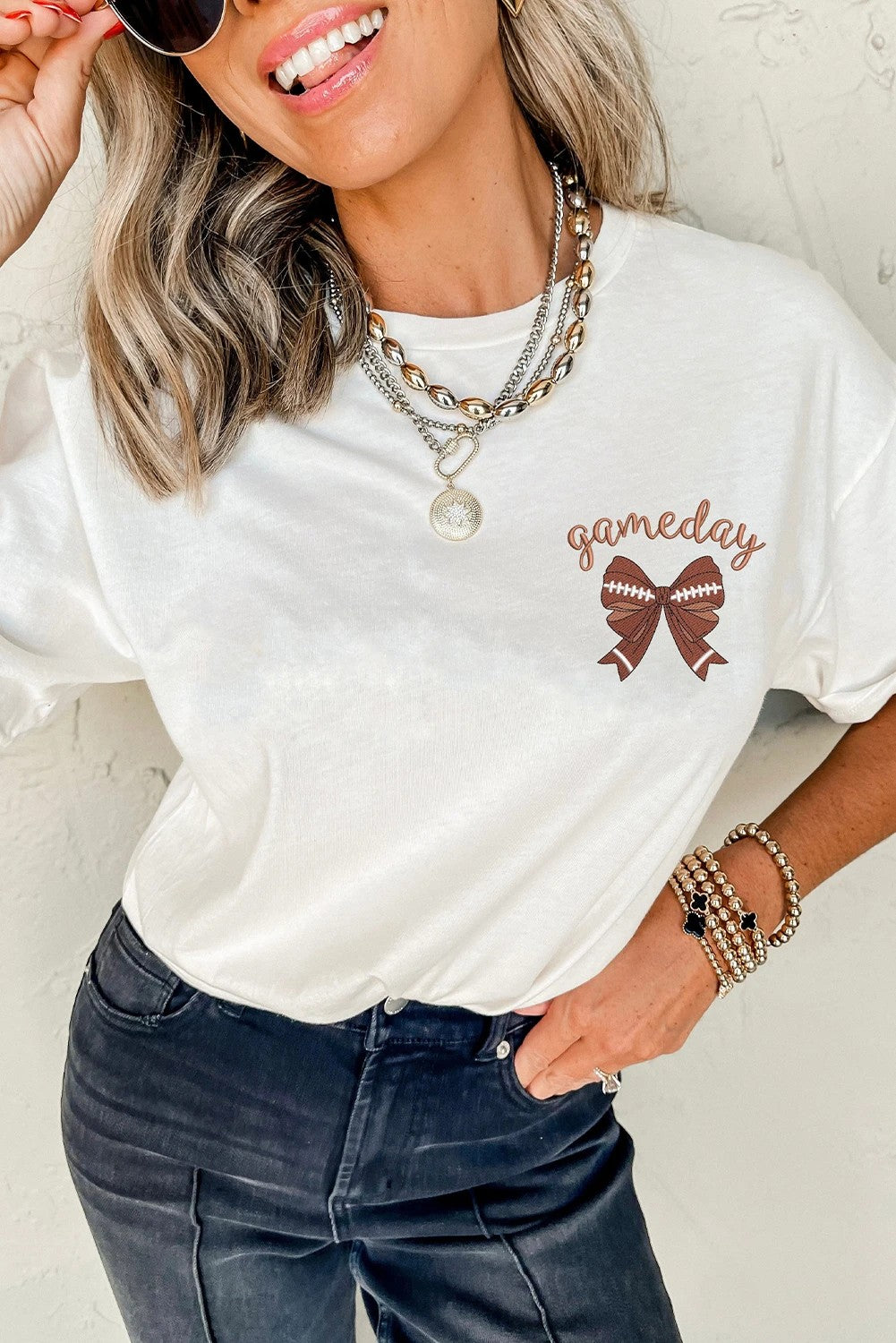 White game day Bow Graphic Crewneck Tee