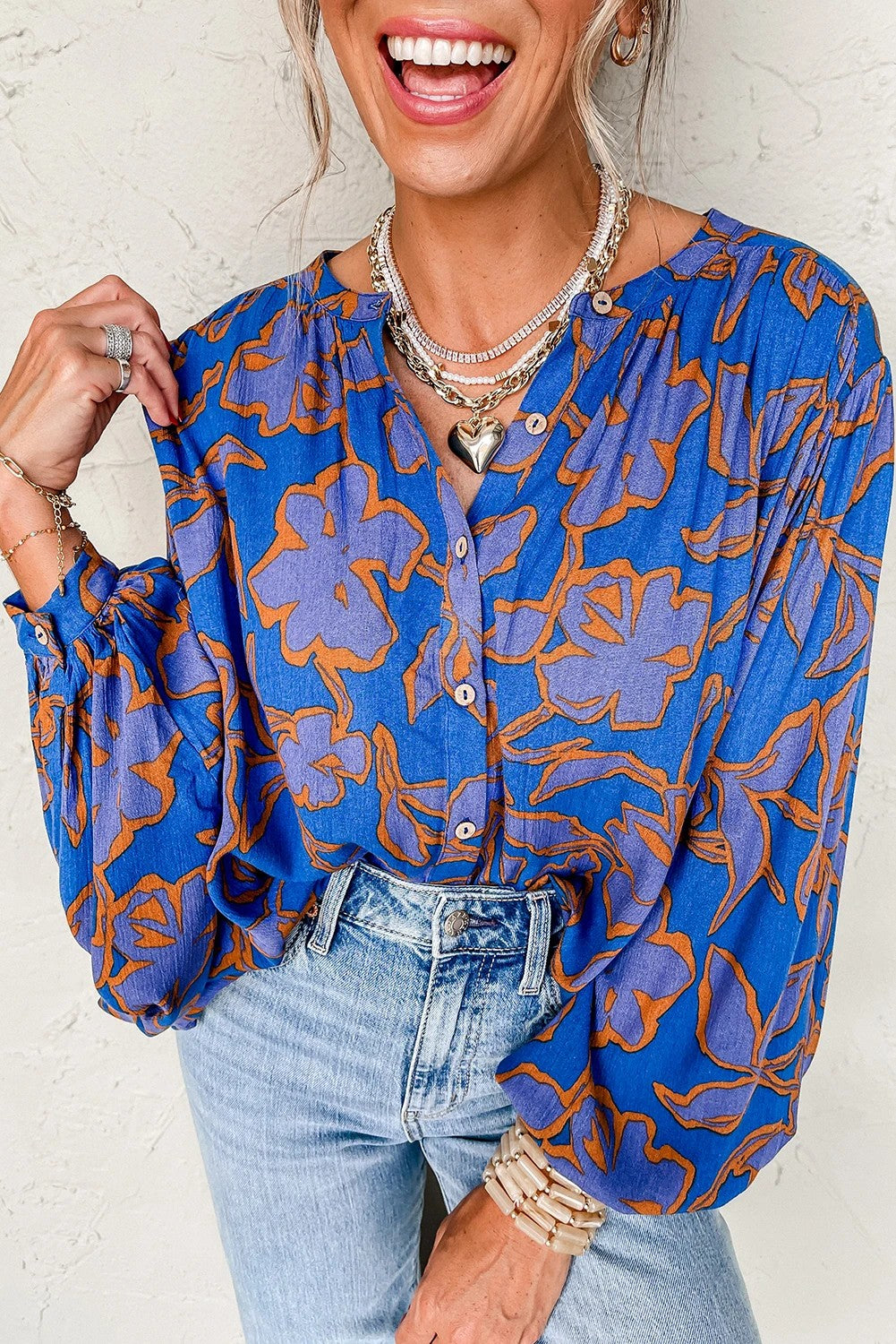 Blue Floral Print Batwing Sleeve Button Loose Fit Blouse