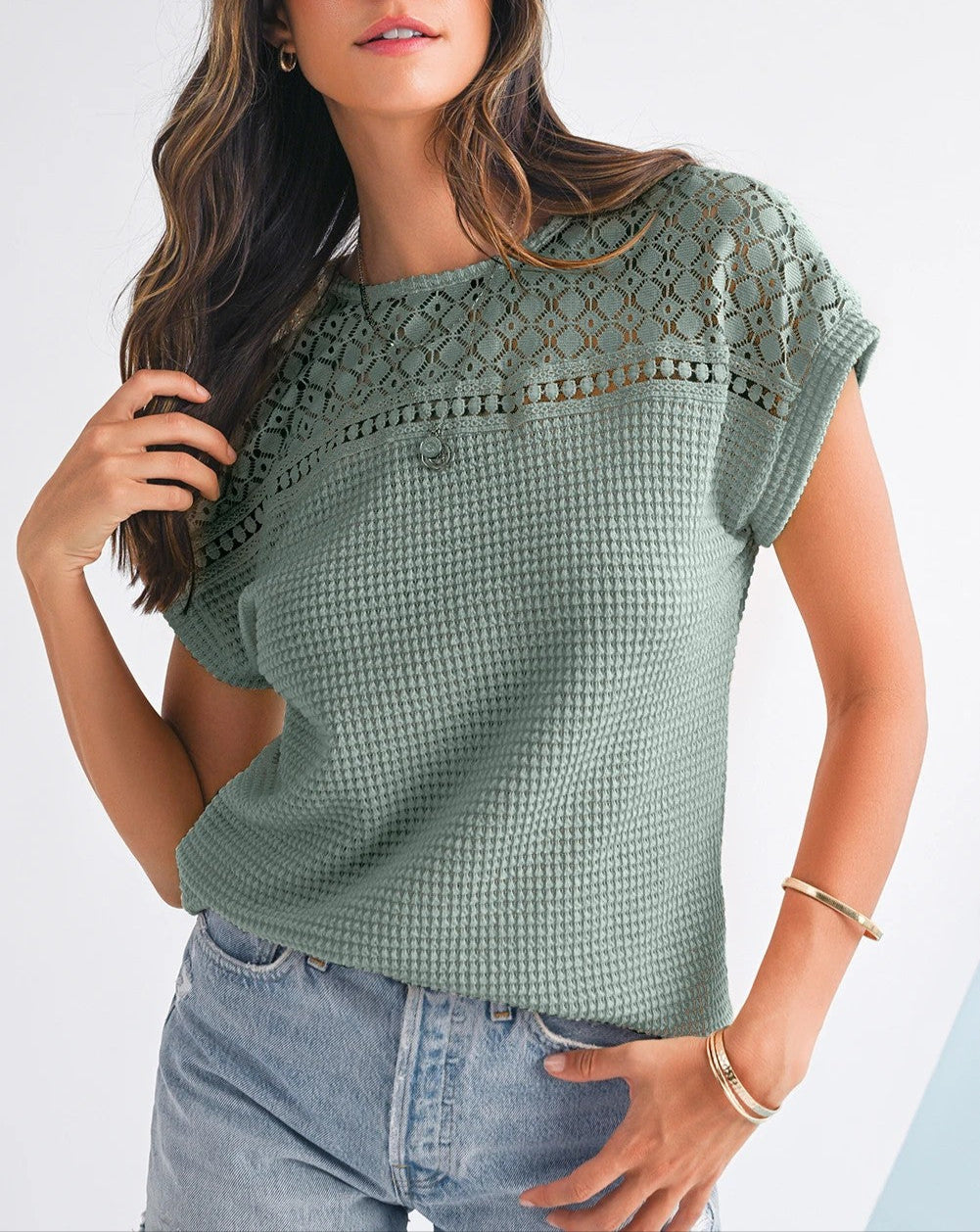 Mist Green Lace Patchwork Waffle Short Sleeve Top