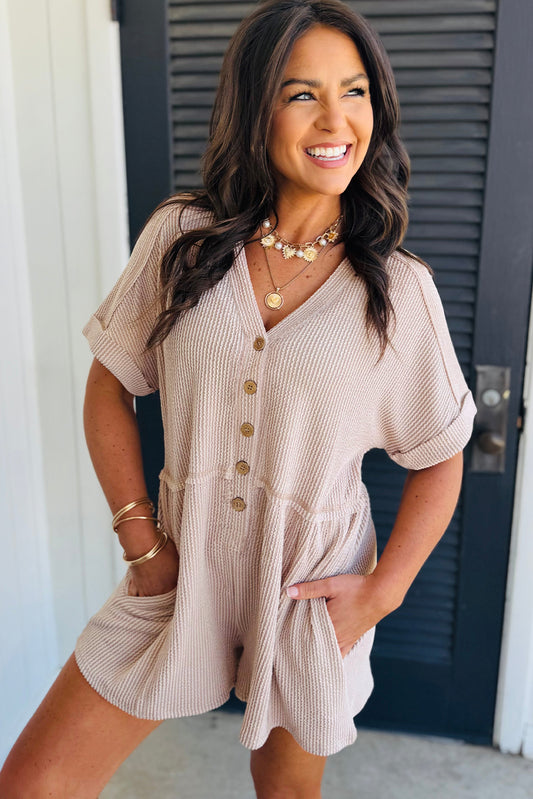 Parchment Spiral Ribbed Short Sleeve V Neck Buttoned Romper with Pocket