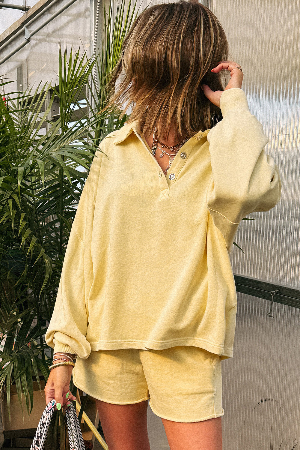 Yellow Cream Button Collar Drop Shoulder Pullover and Shorts 2pcs Outfit