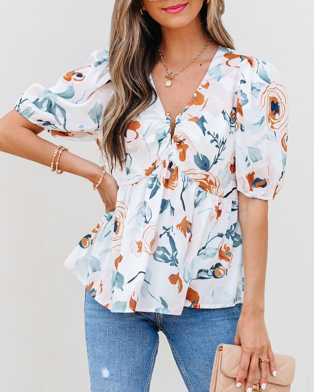 Green Floral Print Puff Sleeve V Neck Babydoll Blouse