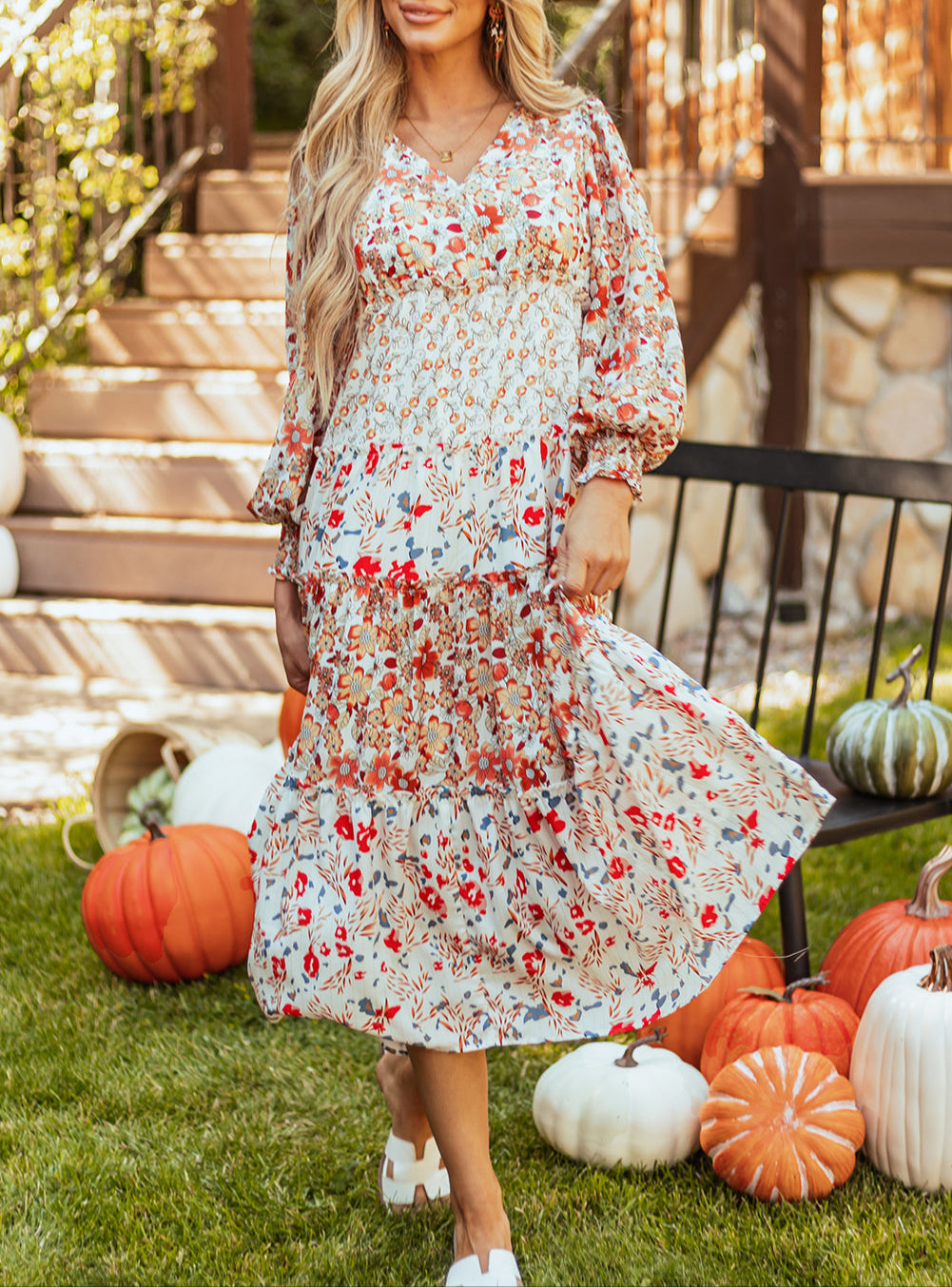 Khaki Floral Print Ruffled Tiered Long Sleeve V Neck Midi Dress