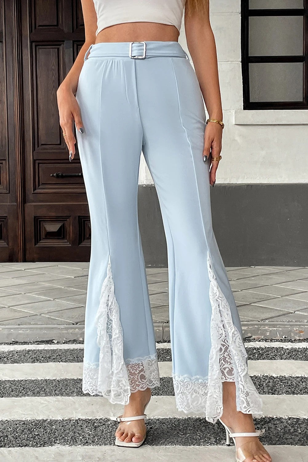 Beau Blue High Waist Lace Patchwork Flare Leg Pants