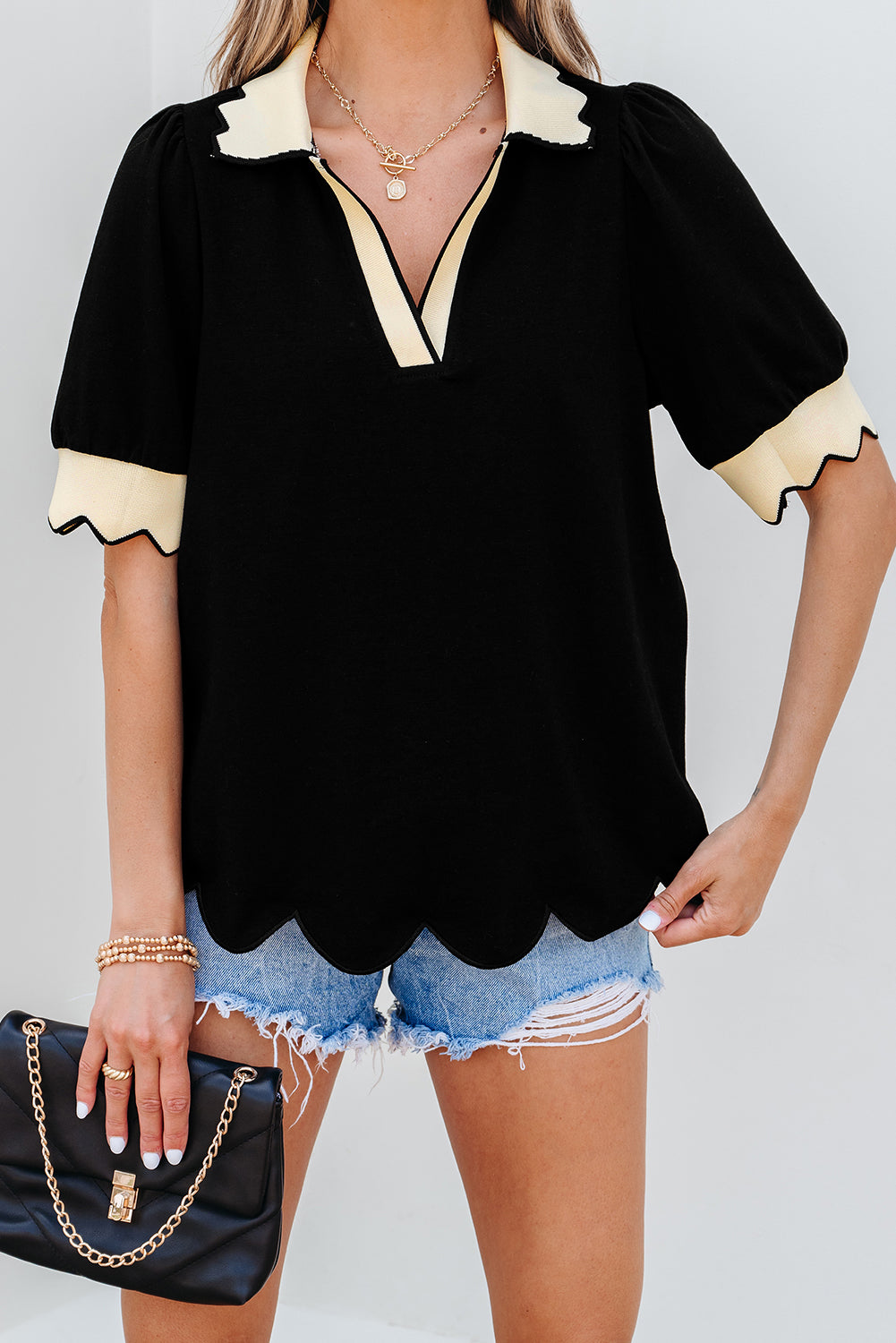 Black Color Contrast Collared V Neck Puff Sleeve Blouse