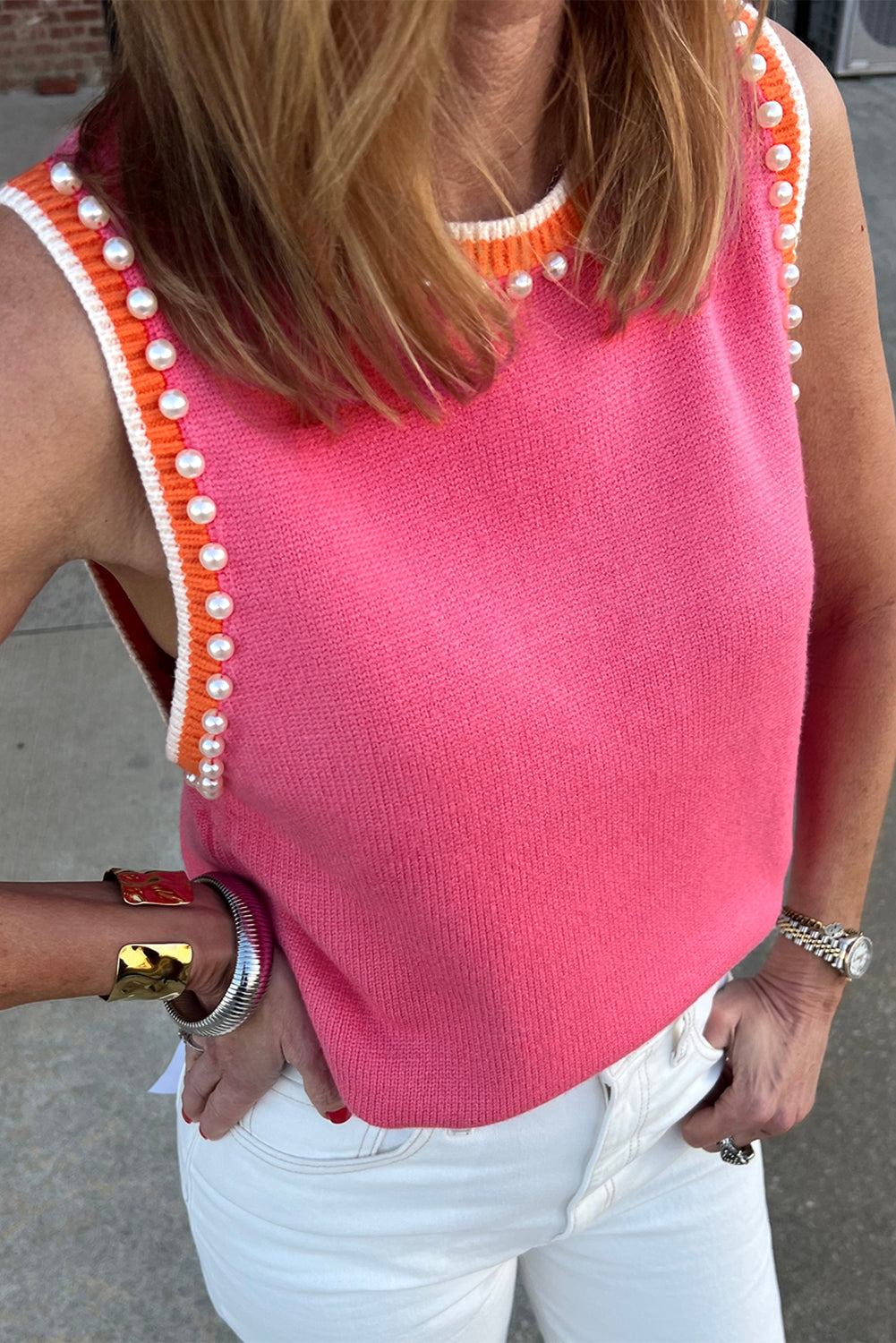 Bright Pink Contrast Trim Pearl Detail Sweater Tank Top