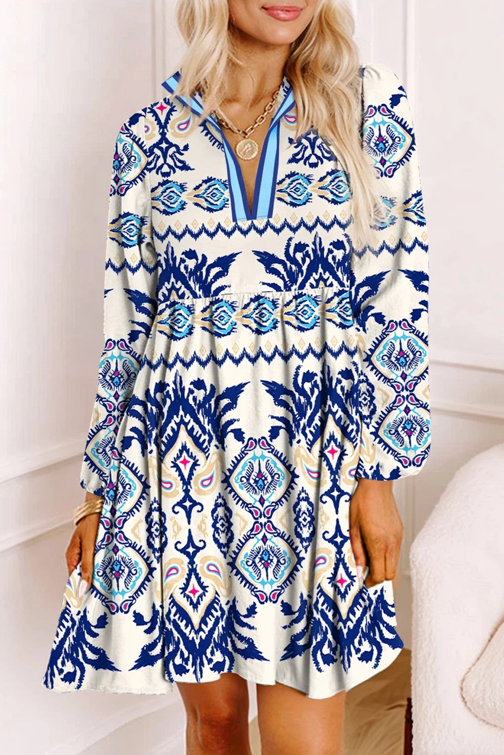 Blue Ethnic Print Pop of Color Neckline Long Sleeve Dress