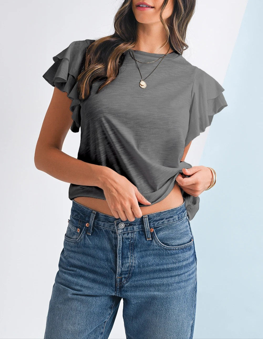 Dark Grey Ruffle Sleeve Plain Blouse