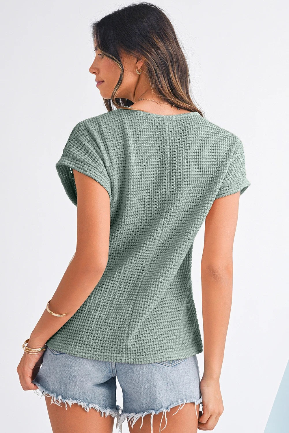 Mist Green Lace Patchwork Waffle Short Sleeve Top