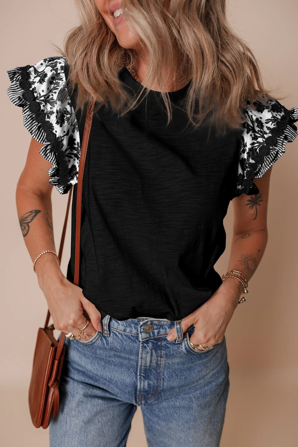 Black Floral Striped Patchwork Flutter Sleeve Blouse