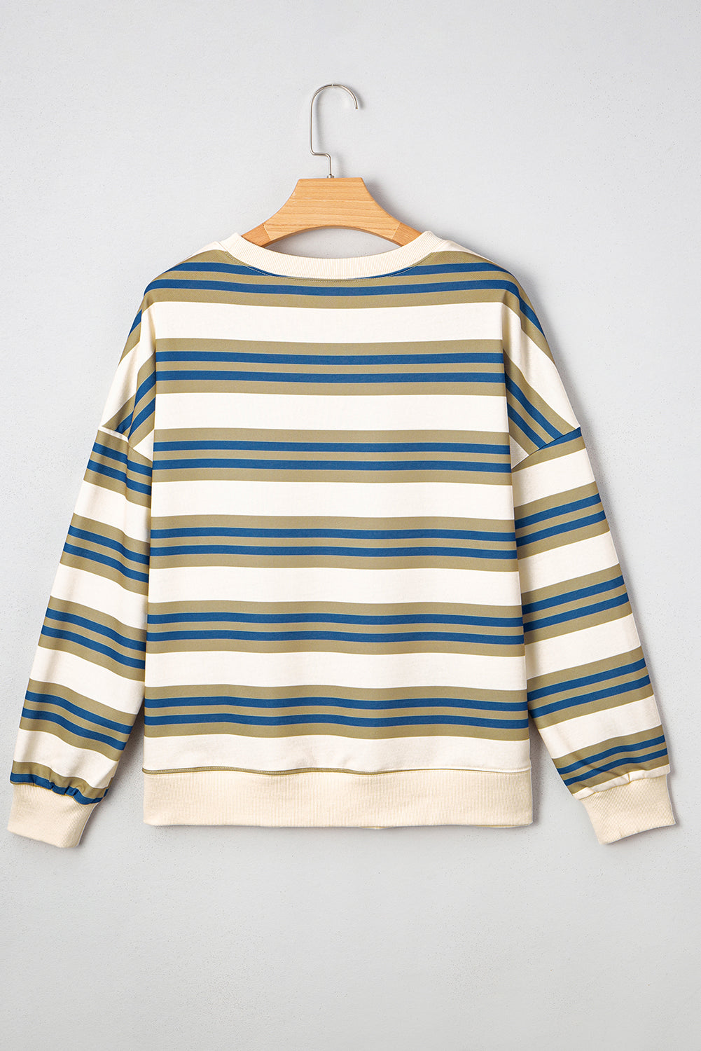 Khaki Stripe Crew Neck Drop Shoulder Pullover Sweatshirt