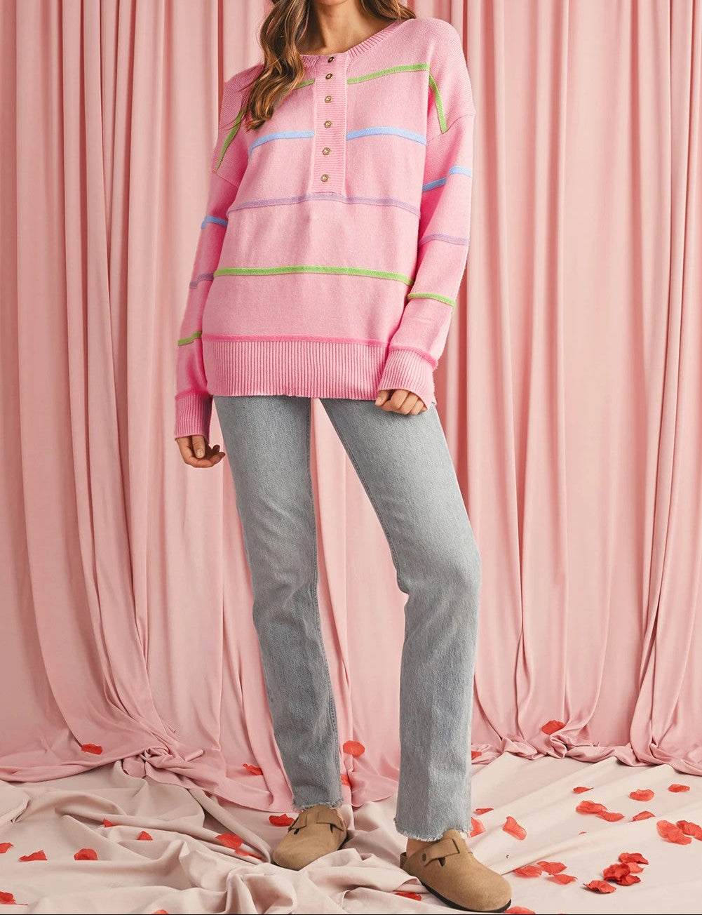 Pink Rainbow Striped Drop Sleeve Henley Sweater