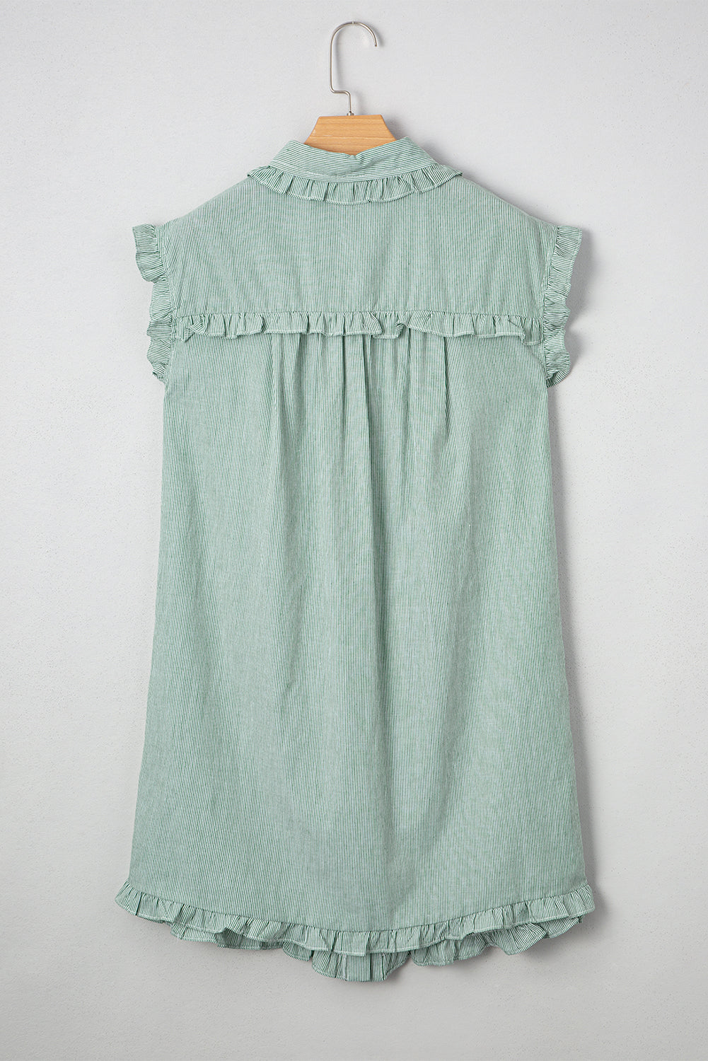 Green Stripe Frilled Sleeveless Collar Front Pocket Button Up Mini Dress