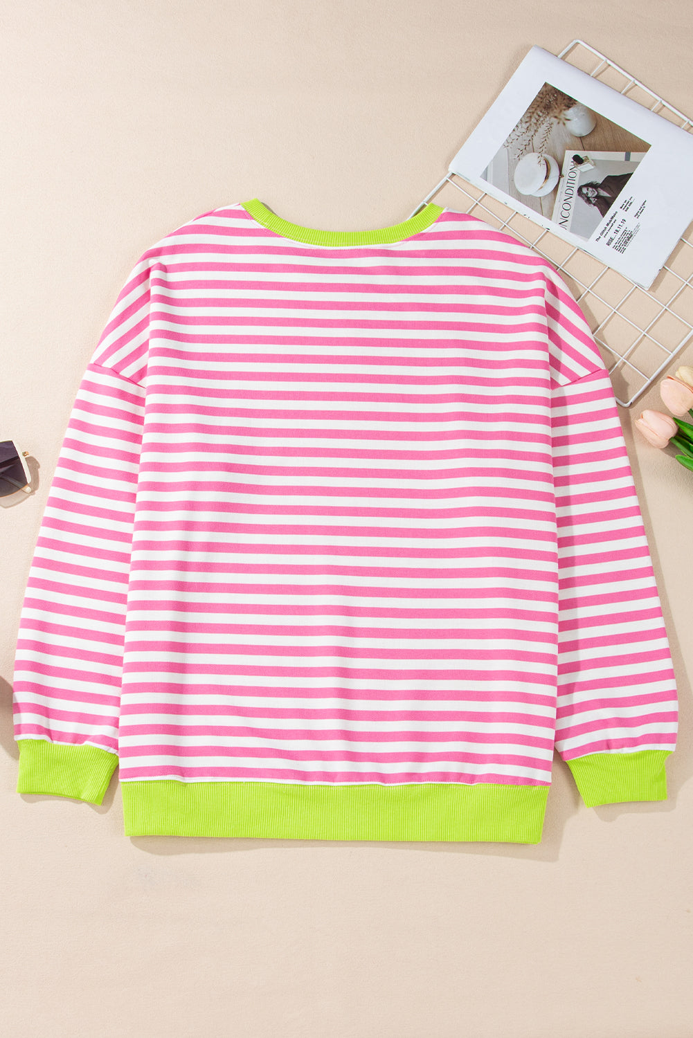 Rose Red Striped Contrast Trim Drop Shoulder Sweatshirt