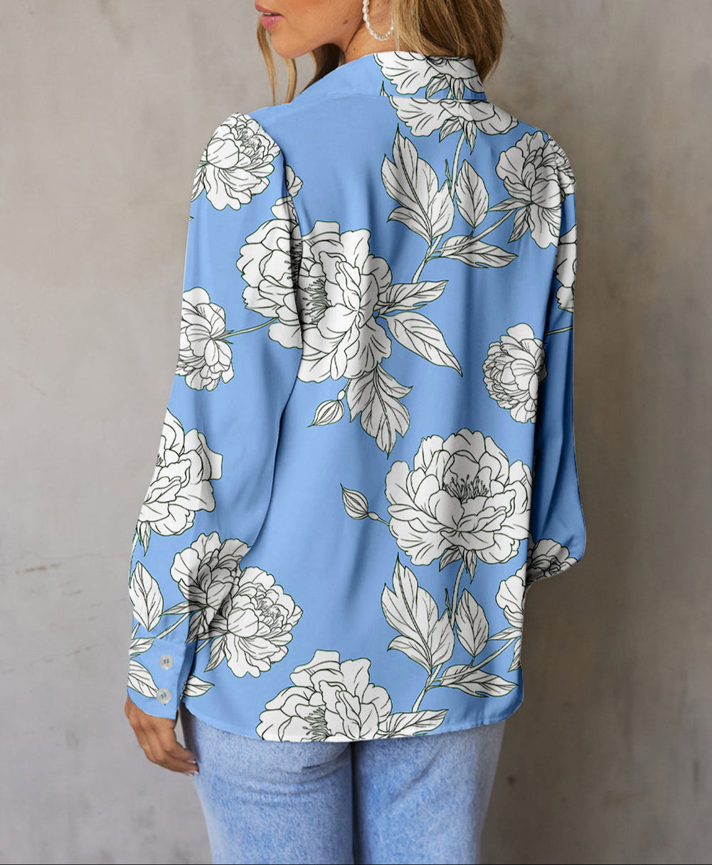 Sky Blue Floral Print Button Up Pleated Detail Puff Sleeve Shirt