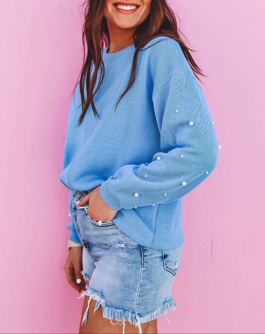 Myosotis Pearled Sleeves Drop Shoulder Round Neck Pullover Sweatshirt