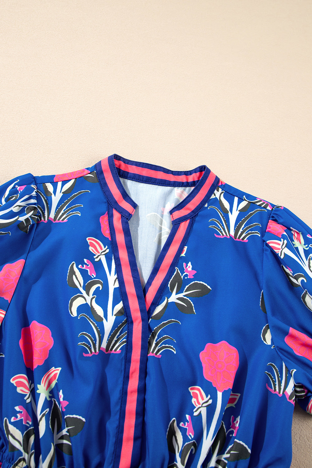 Sky Blue Floral Puff Short Sleeve V Neck High Waist Maxi Dress