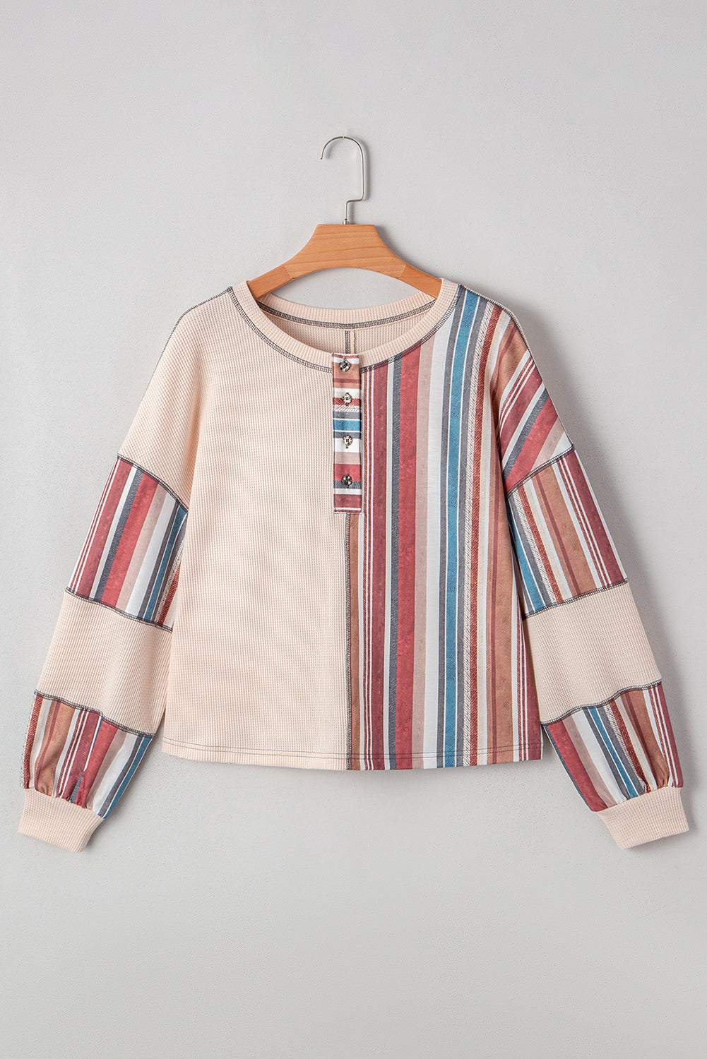 Beige Striped Waffle Patchwork Exposed Seam Raw Edge Casual Knit Top