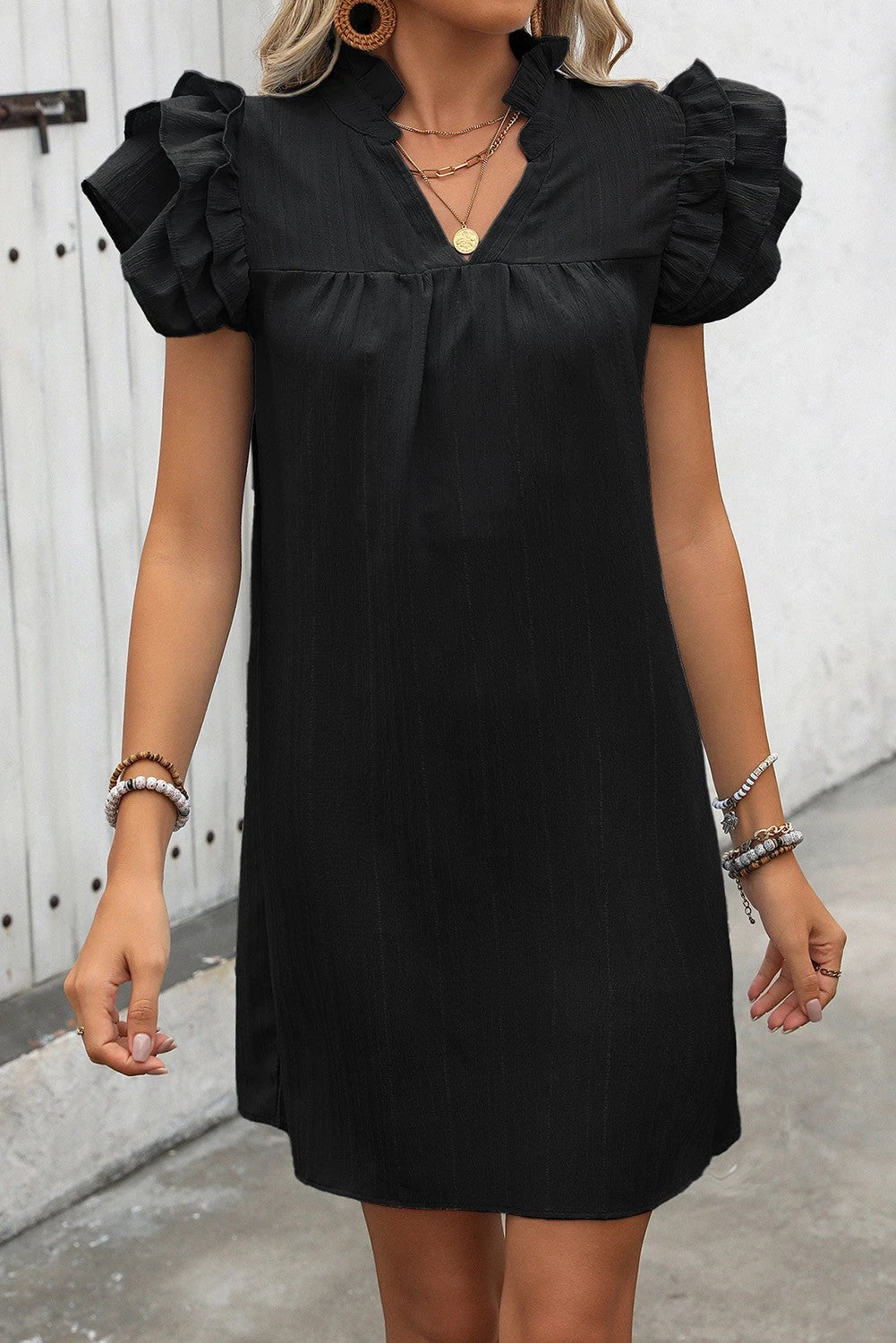 Black V Neck Ruffle Sleeve Shift Mini Dress