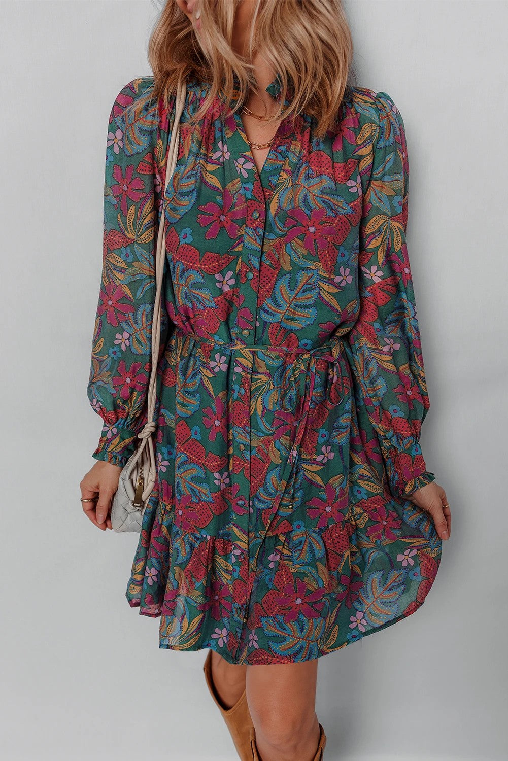 Green Floral Friled V Neck Puff Sleeve Ruffled Shirt Dress