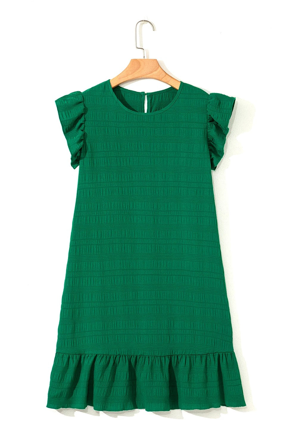 Dark Green Textured Flutter Sleeve Ruffle Mini Dress
