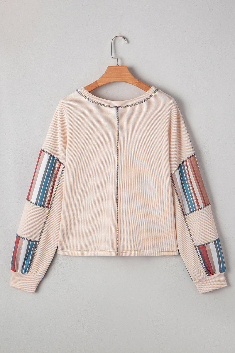 Beige Striped Waffle Patchwork Exposed Seam Raw Edge Casual Knit Top