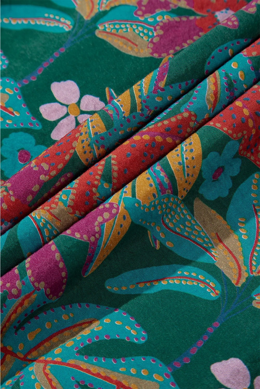 Green Floral Friled V Neck Puff Sleeve Ruffled Shirt Dress