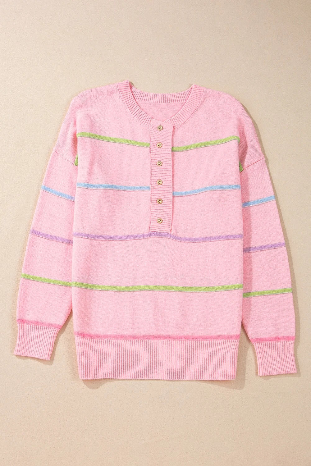 Pink Rainbow Striped Drop Sleeve Henley Sweater