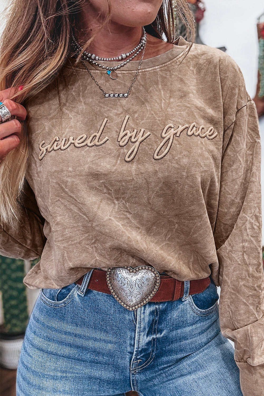 DUNE saved by grace Letter Embroidery Mineral Wash Loose Sweatshirt