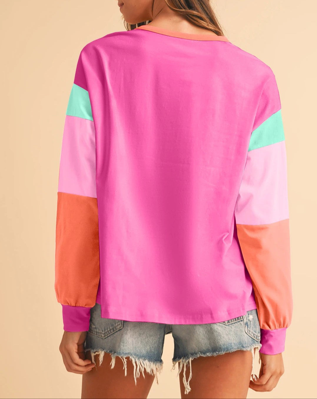 Rose Red Color Block Sleeve Loose Fit Top