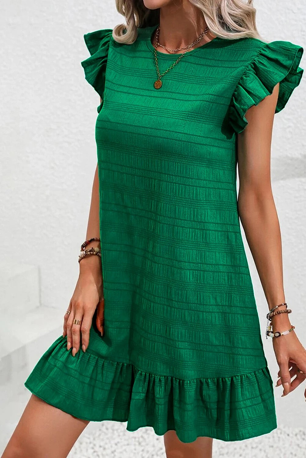 Dark Green Textured Flutter Sleeve Ruffle Mini Dress