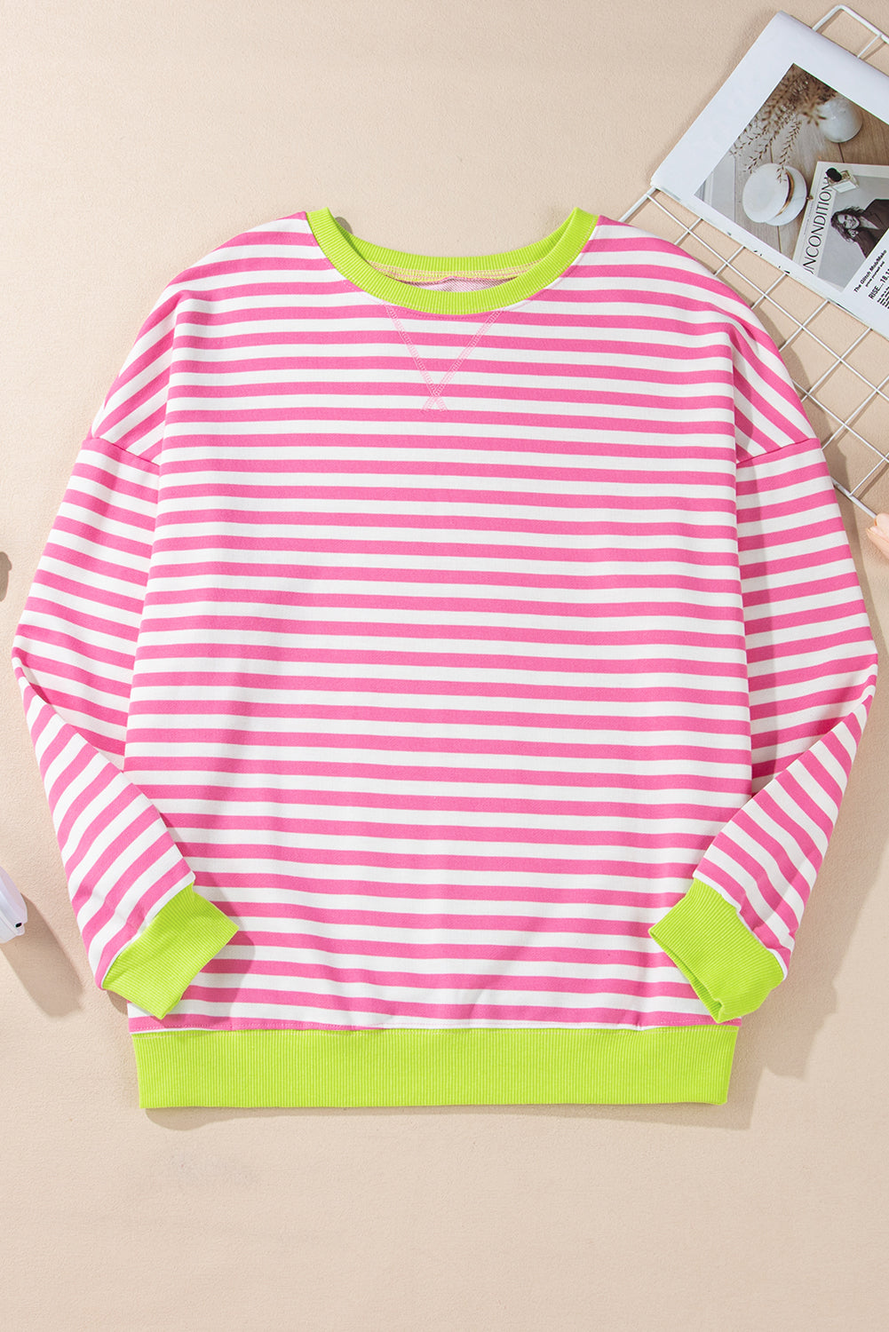 Rose Red Striped Contrast Trim Drop Shoulder Sweatshirt