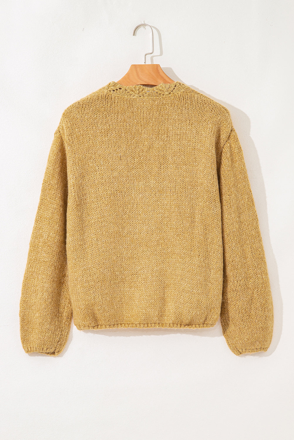 Light French Beige Lantern Sleeve Scallop V Neck Buttoned Front Cardigan