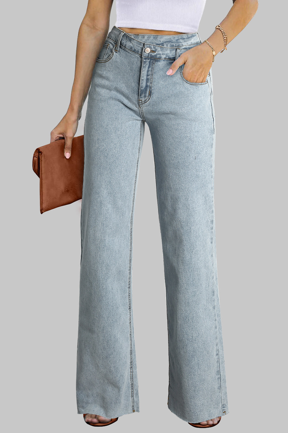 Sky Blue Mid Rise Asymmetrical Waist Wide Leg Jeans