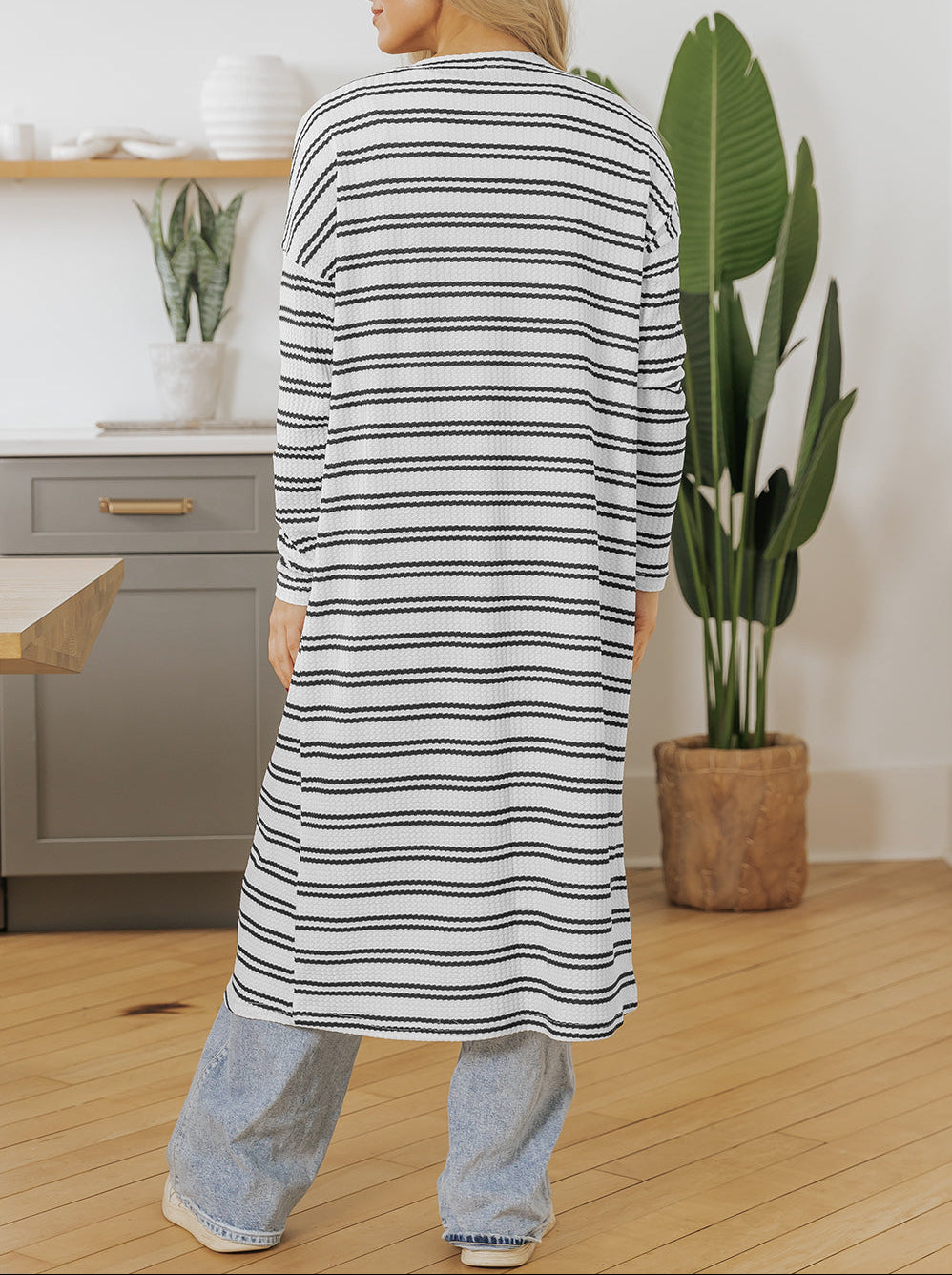 Black Stripe Print Open Front Duster Cardigan